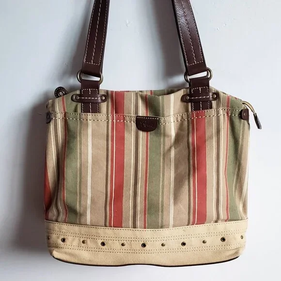 Large RELIC by FOSSIL Canvas Handbag Utility Boho Stripe Olive Red Vintage - Picture 3 of 16